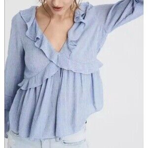 American Eagle Blouse SMALL Blue Pinstripe Ruffle Peplum